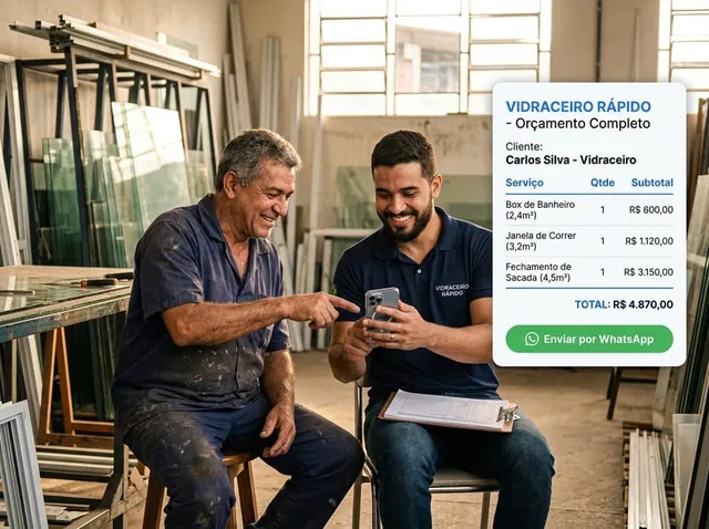 Vidraceiro segurando celular com orçamento na tela